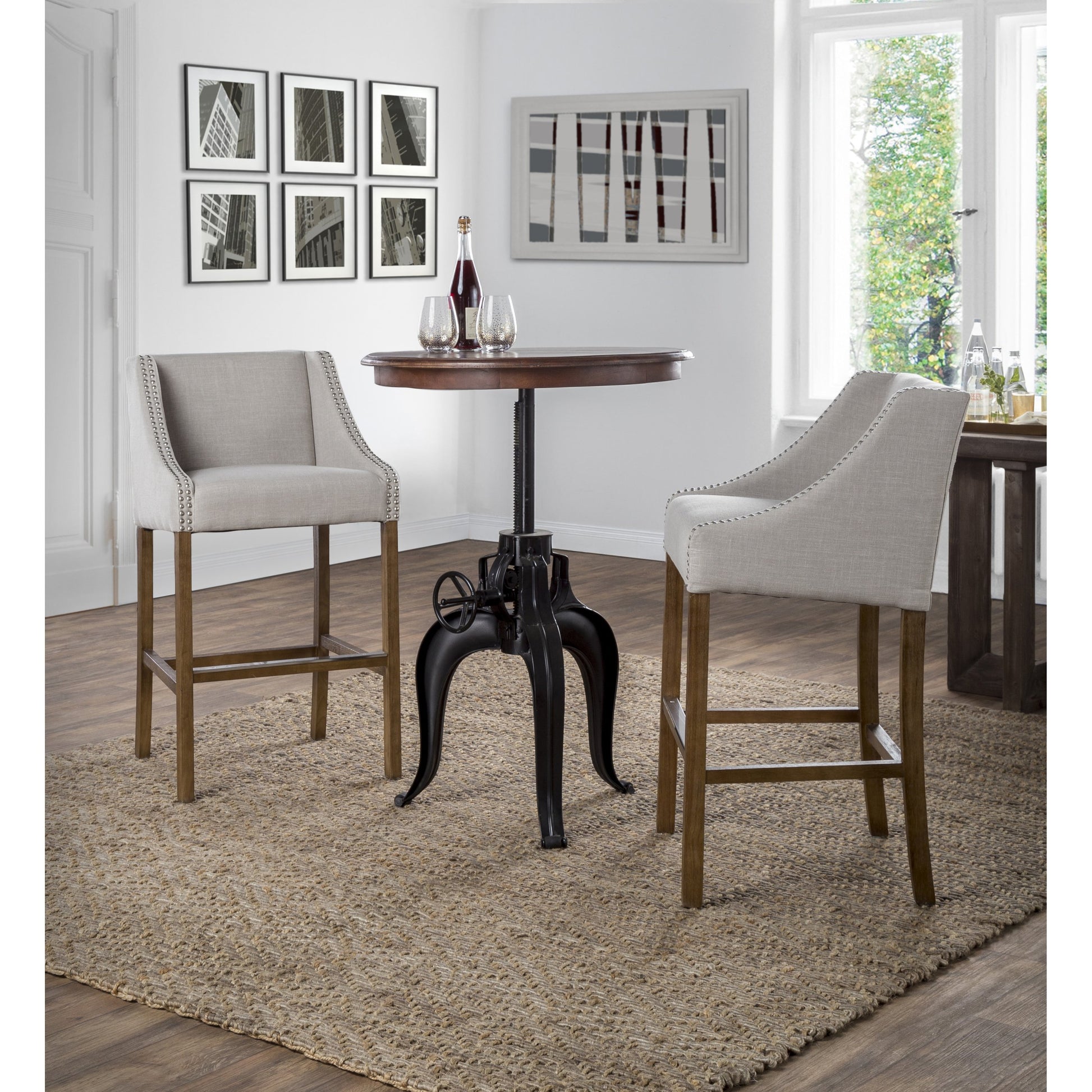 Castaic Counter Stool by Kosas Home in french beige, honey brown. Made from blended upholstery (28% linen, 18% polyester, 54% velvet, rubber wood legs in a modern style.