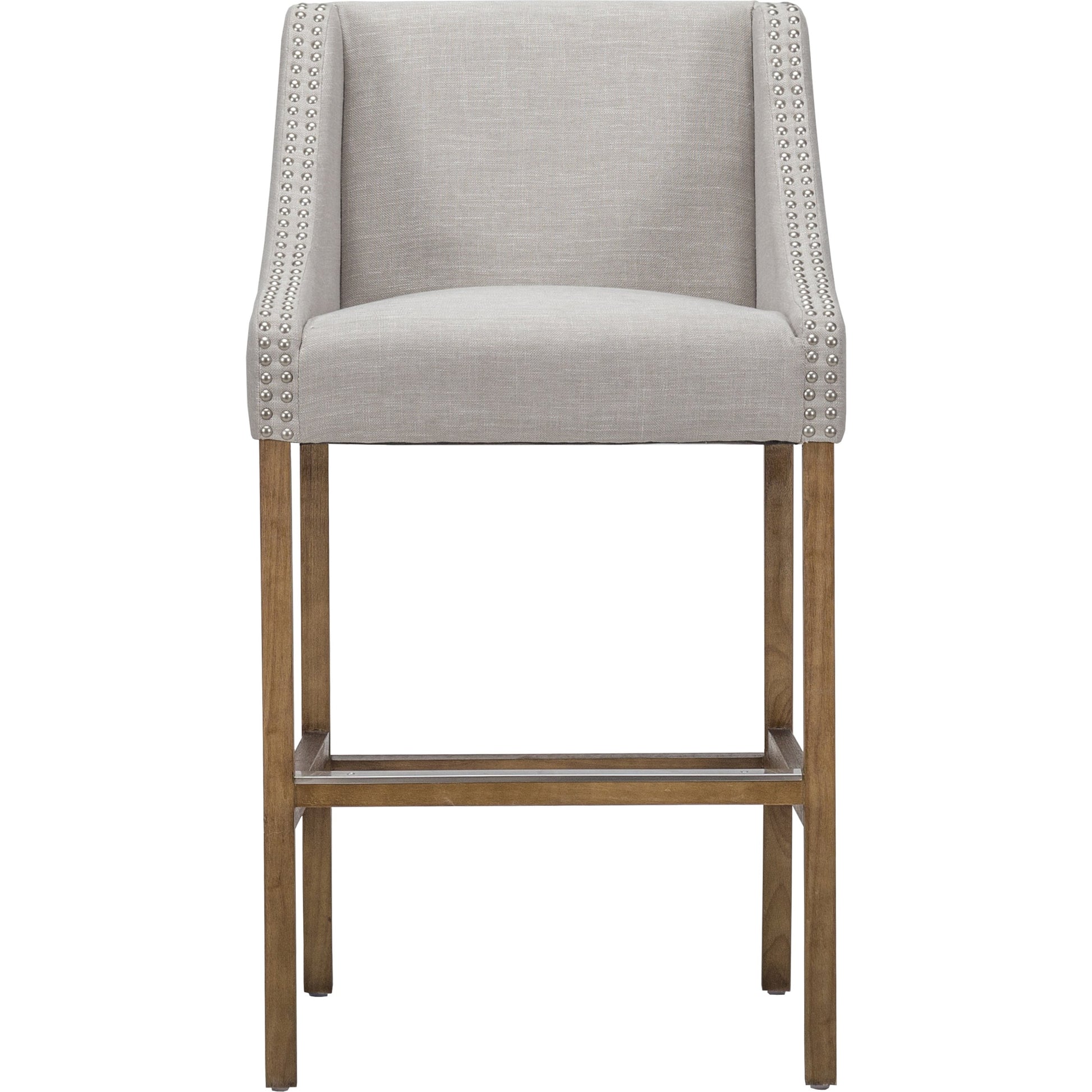 Castaic Counter Stool by Kosas Home in french beige, honey brown. Made from blended upholstery (28% linen, 18% polyester, 54% velvet, rubber wood legs in a modern style.