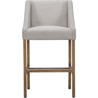 Castaic Counter Stool by Kosas Home in french beige, honey brown. Made from blended upholstery (28% linen, 18% polyester, 54% velvet, rubber wood legs in a modern style.