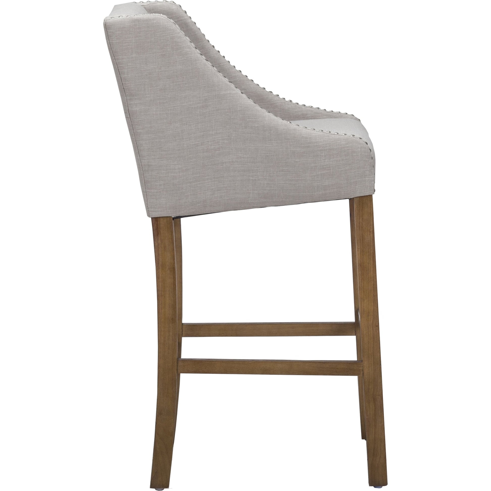 Castaic Counter Stool by Kosas Home in french beige, honey brown. Made from blended upholstery (28% linen, 18% polyester, 54% velvet, rubber wood legs in a modern style.