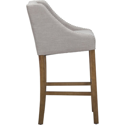 Castaic Counter Stool by Kosas Home in french beige, honey brown. Made from blended upholstery (28% linen, 18% polyester, 54% velvet, rubber wood legs in a modern style.