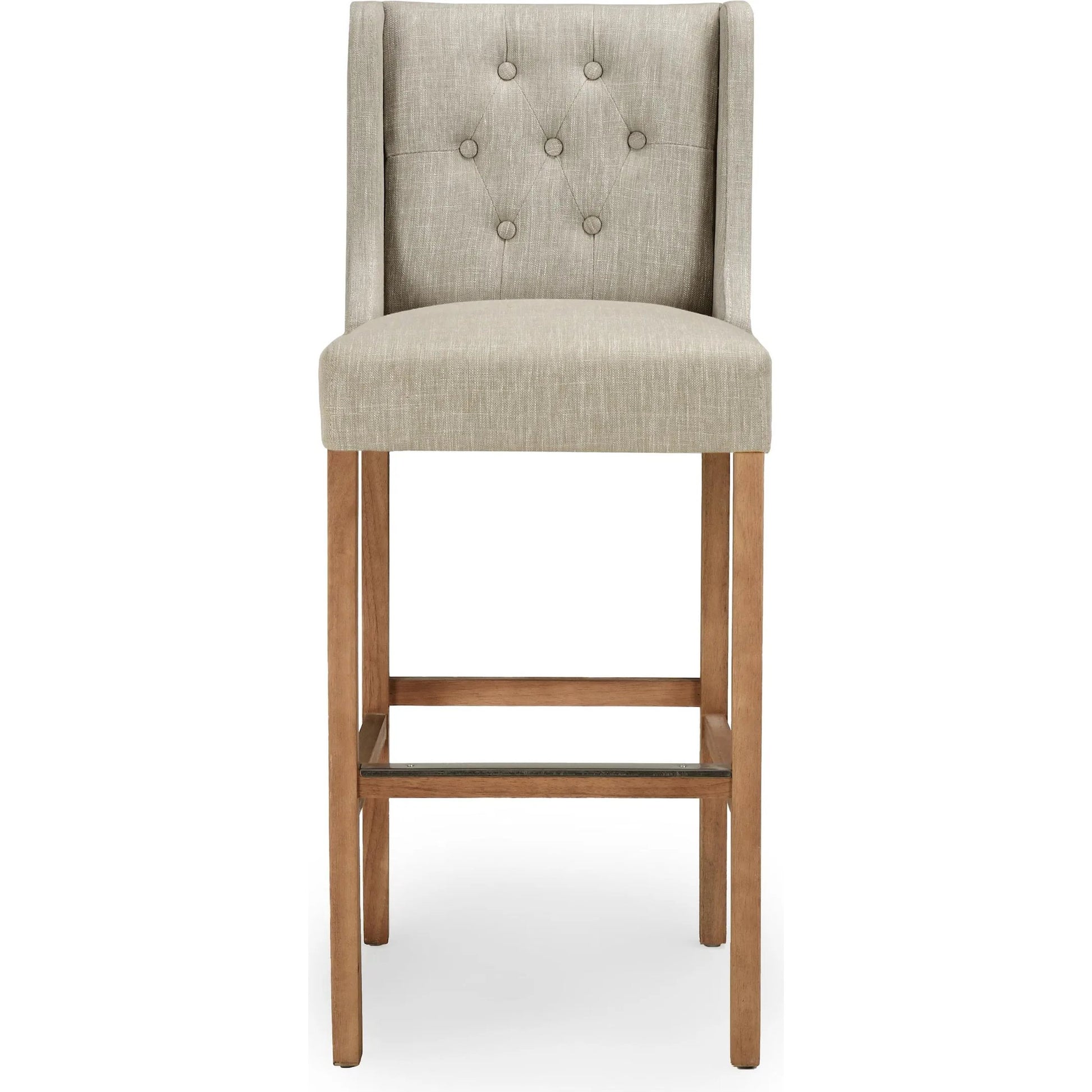 Karla Tufted Barstool by Kosas Home in gray. Made from blended upholstery (57% polyester 25% viscose 18% linen), rubber wood legs in a transitional style.