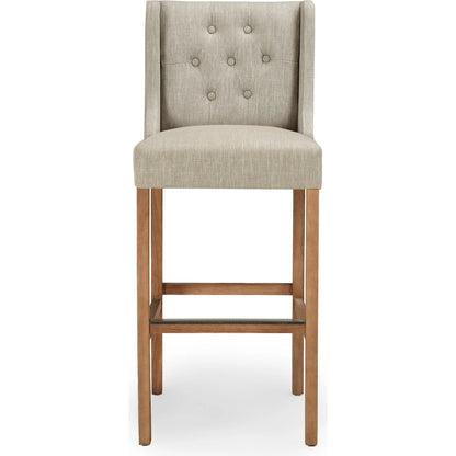 Karla Tufted Barstool by Kosas Home in gray. Made from blended upholstery (57% polyester 25% viscose 18% linen), rubber wood legs in a transitional style.
