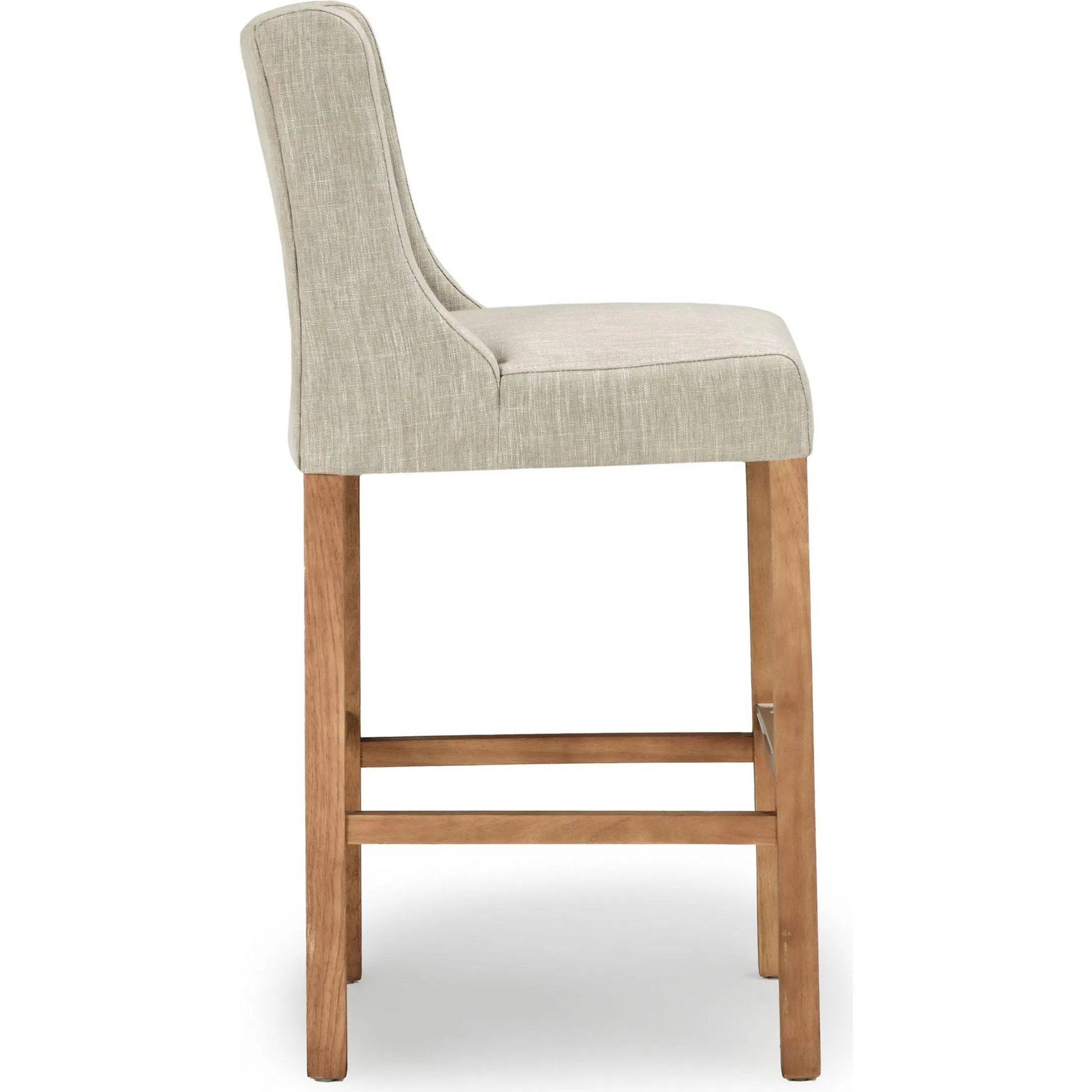 Karla Tufted Barstool by Kosas Home in gray. Made from blended upholstery (57% polyester 25% viscose 18% linen), rubber wood legs in a transitional style.