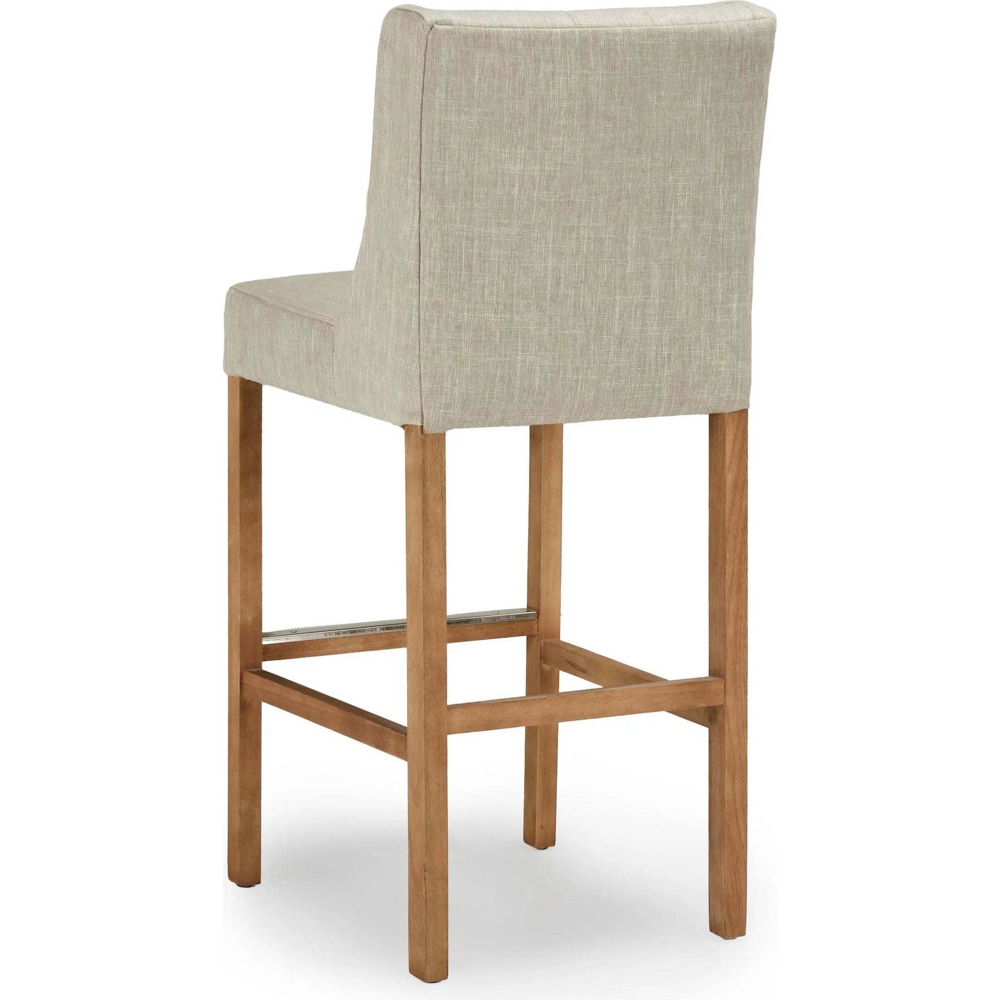 Karla Tufted Barstool by Kosas Home in gray. Made from blended upholstery (57% polyester 25% viscose 18% linen), rubber wood legs in a transitional style.
