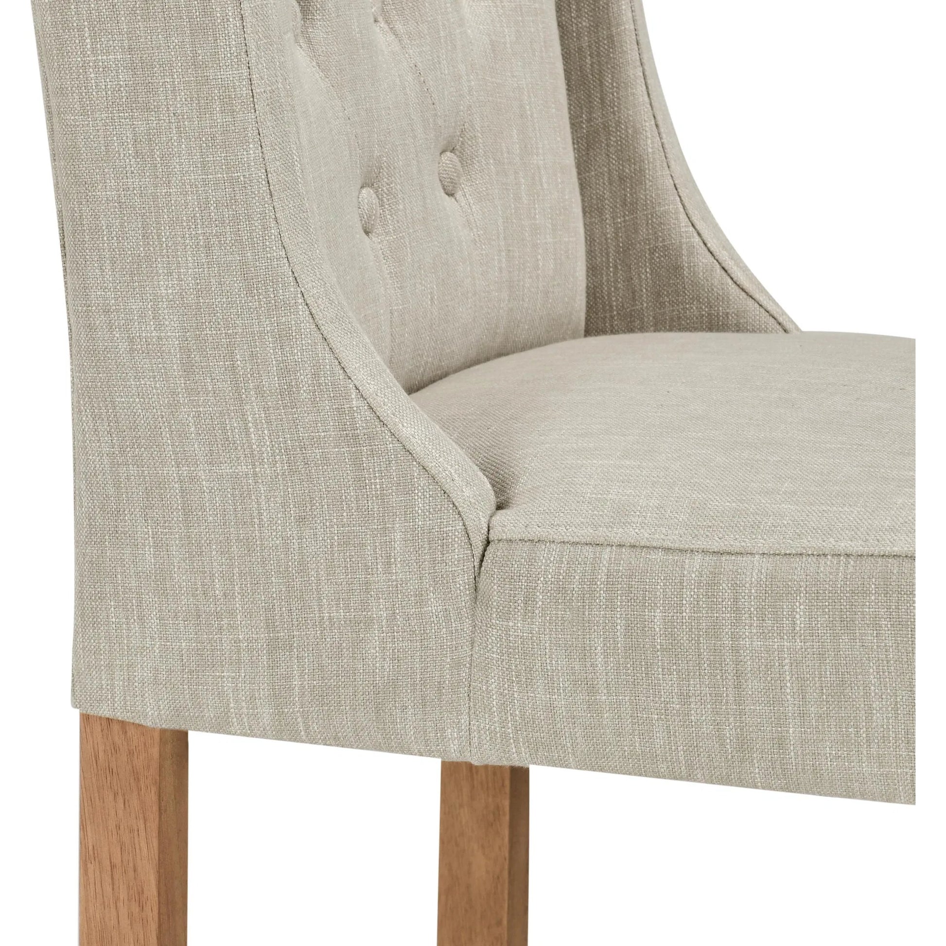 Karla Tufted Barstool by Kosas Home in gray. Made from blended upholstery (57% polyester 25% viscose 18% linen), rubber wood legs in a transitional style.