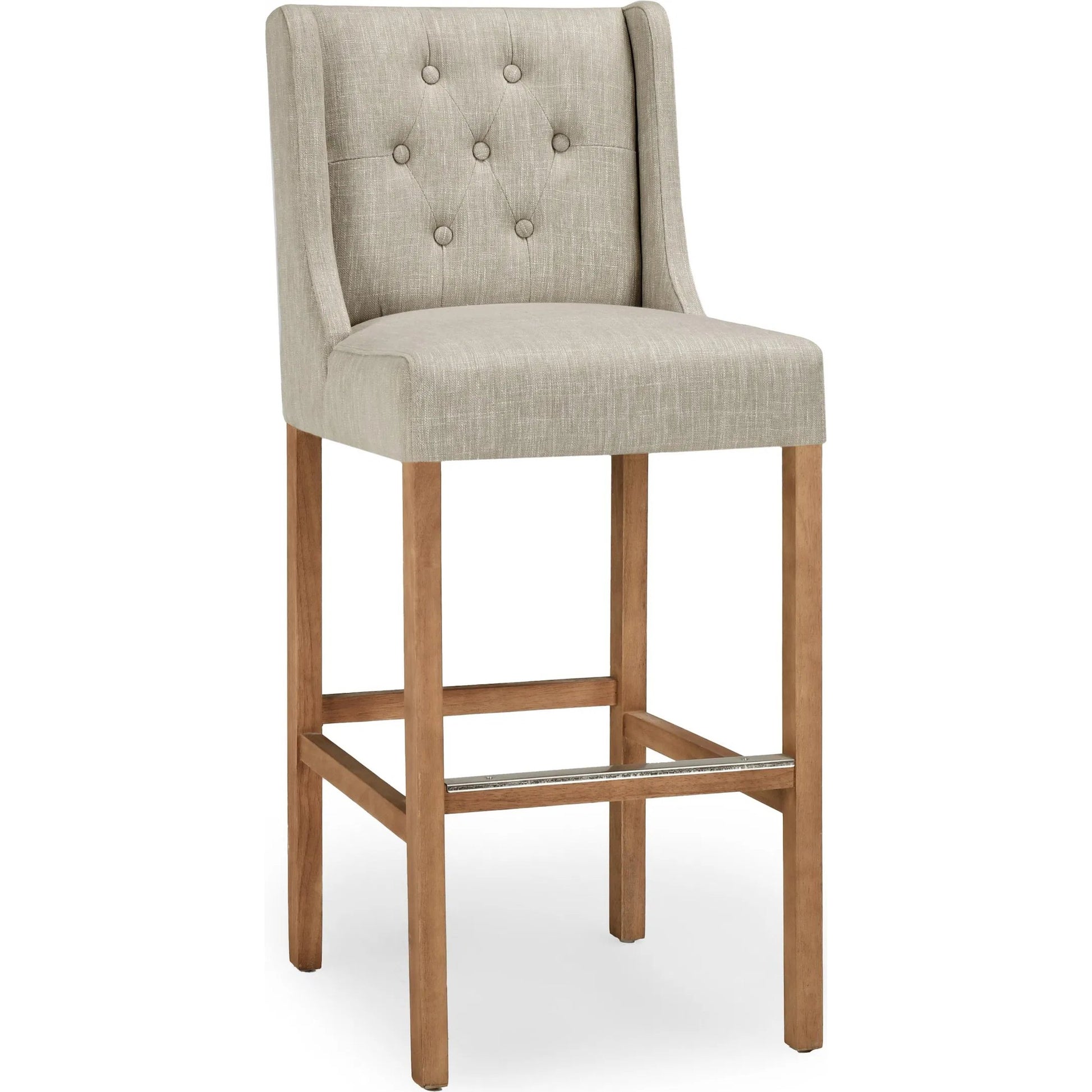 Karla Tufted Barstool by Kosas Home in gray. Made from blended upholstery (57% polyester 25% viscose 18% linen), rubber wood legs in a transitional style.