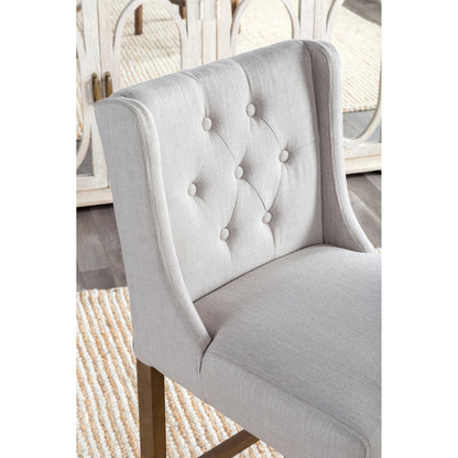 Karla Tufted Barstool by Kosas Home in gray. Made from blended upholstery (57% polyester 25% viscose 18% linen), rubber wood legs in a transitional style.