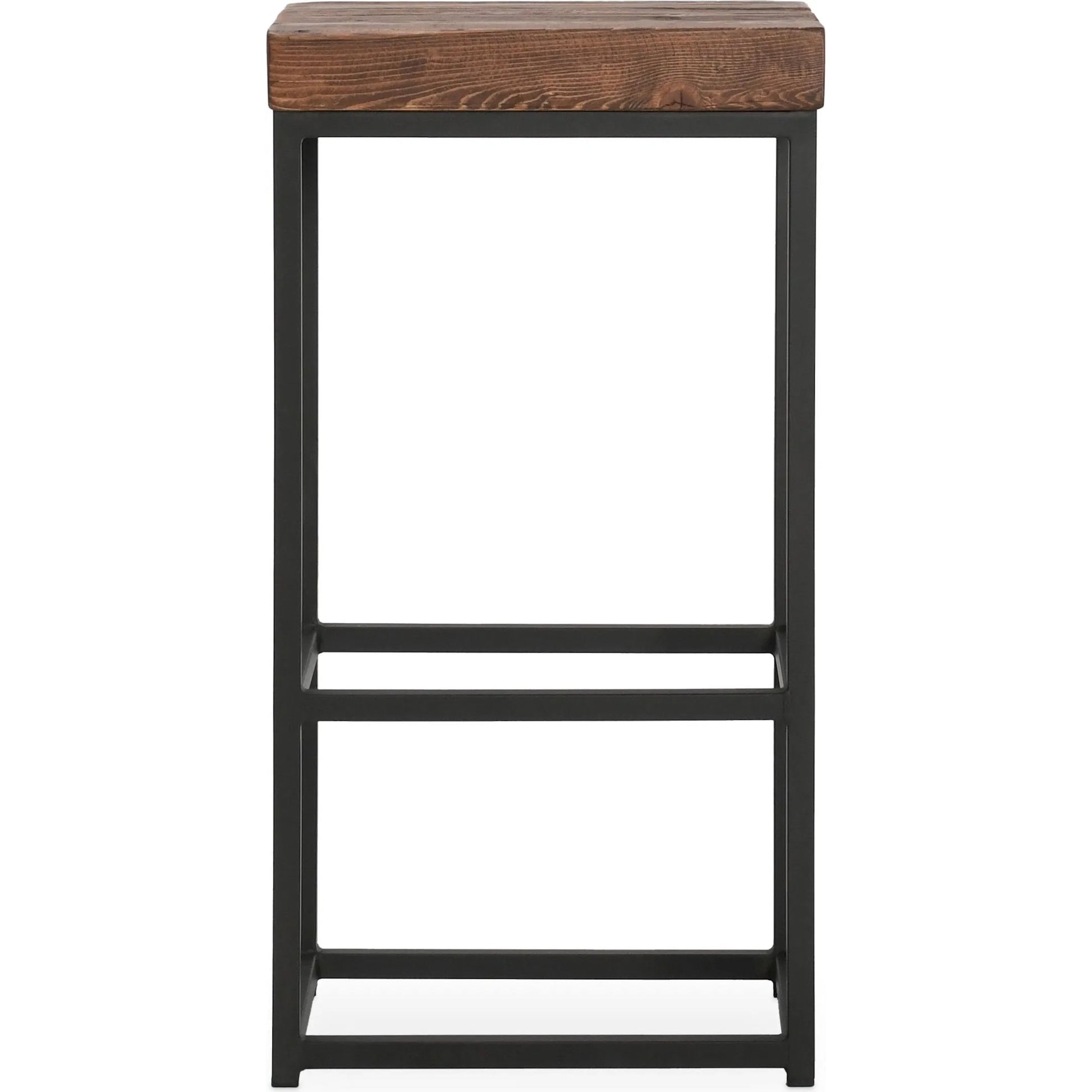Porter Barstool by Kosas Home in rustic mahogany. Made from reclaimed pine top, iron legs in a modern style.
