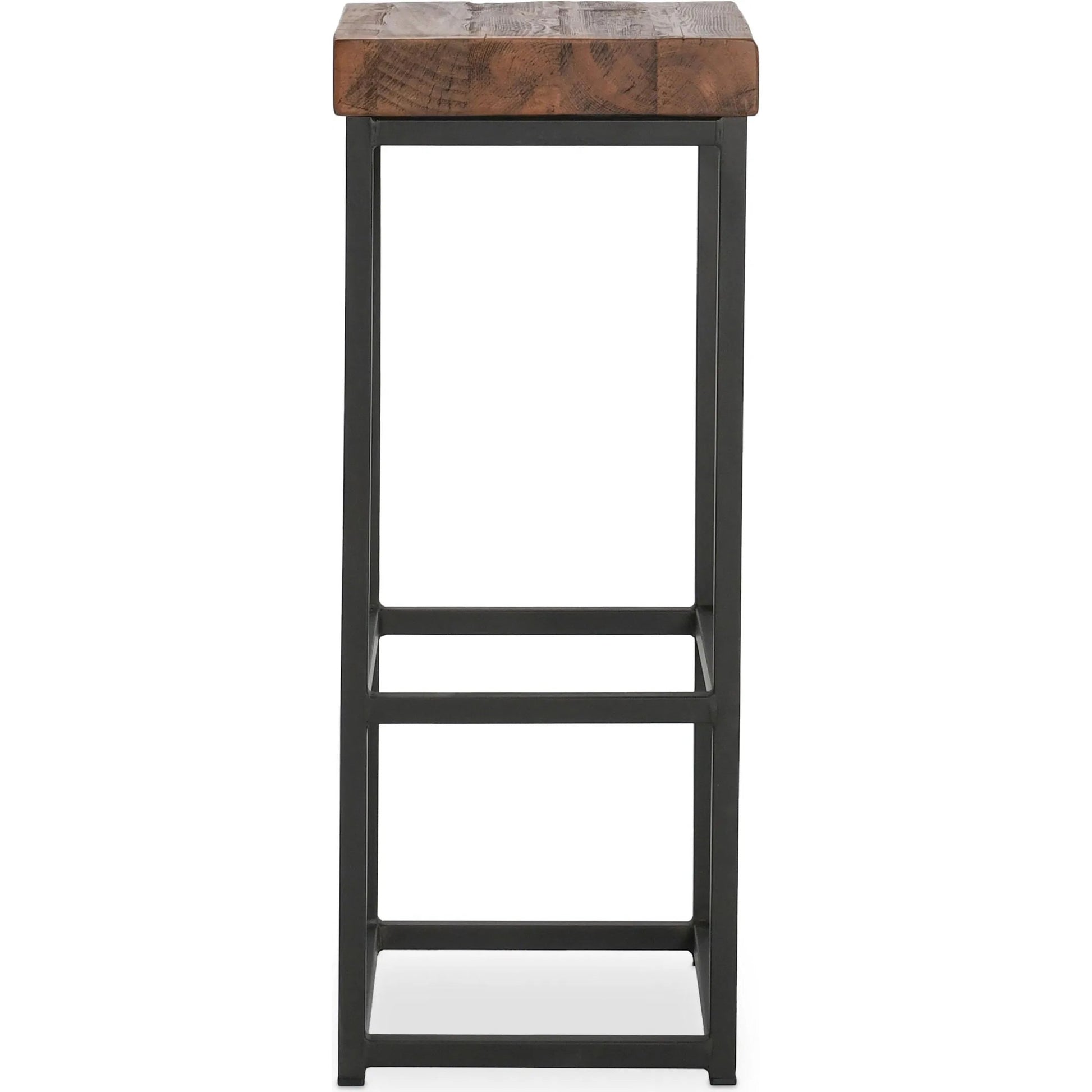 Porter Barstool by Kosas Home in rustic mahogany. Made from reclaimed pine top, iron legs in a modern style.