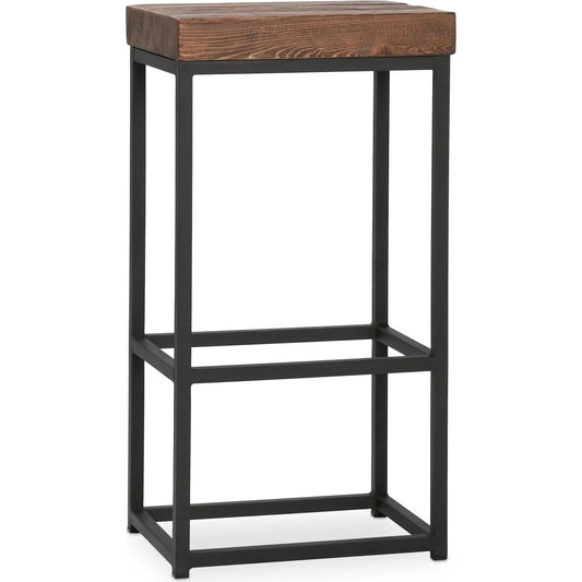 Porter Barstool by Kosas Home in rustic mahogany. Made from reclaimed pine top, iron legs in a modern style.