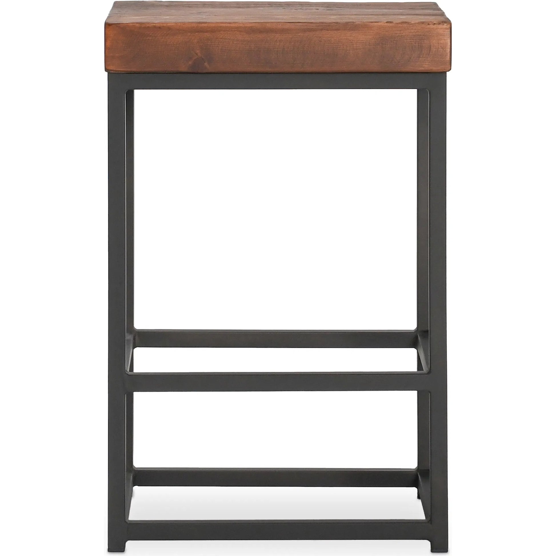 Porter Counter Stool by Kosas Home in rustic mahogany. Made from reclaimed pine top, iron legs in a modern style.