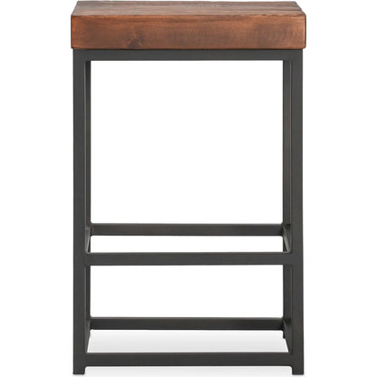 Porter Counter Stool by Kosas Home in rustic mahogany. Made from reclaimed pine top, iron legs in a modern style.