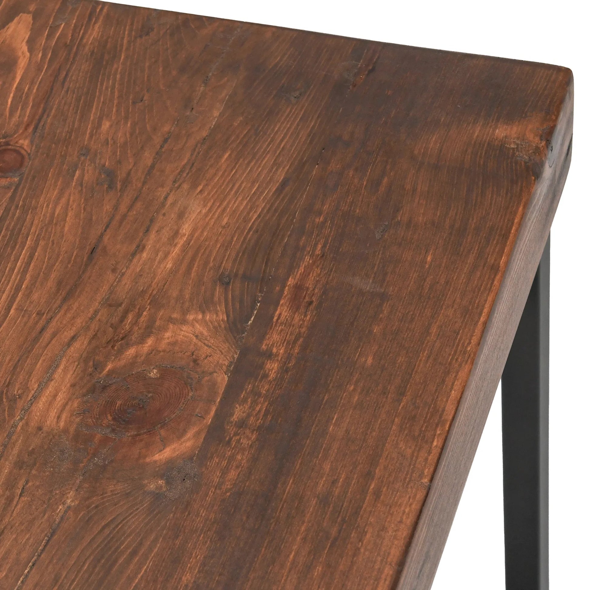 Porter Counter Stool by Kosas Home in rustic mahogany. Made from reclaimed pine top, iron legs in a modern style.