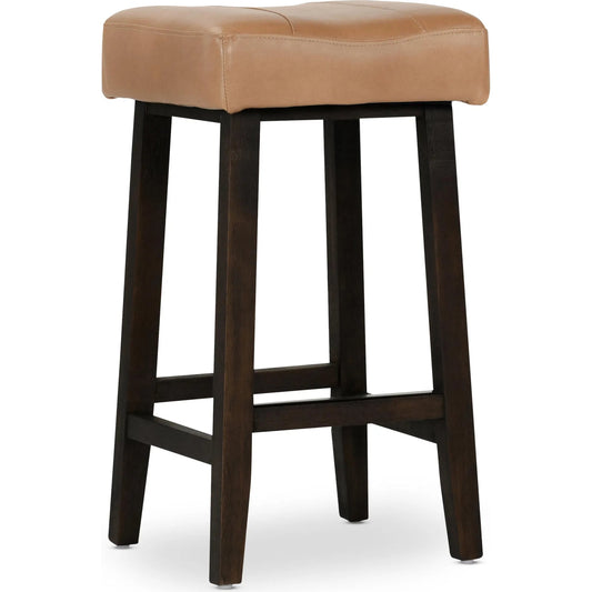 Lauri Counter Stool by Kosas Home in camel. Made from vegan leather top, rubberwood legs in a modern style.