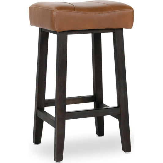 Laurie Counter Stool by Kosas Home in caramel. Made from vegan leather top, rubberwood legs in a rustic style.