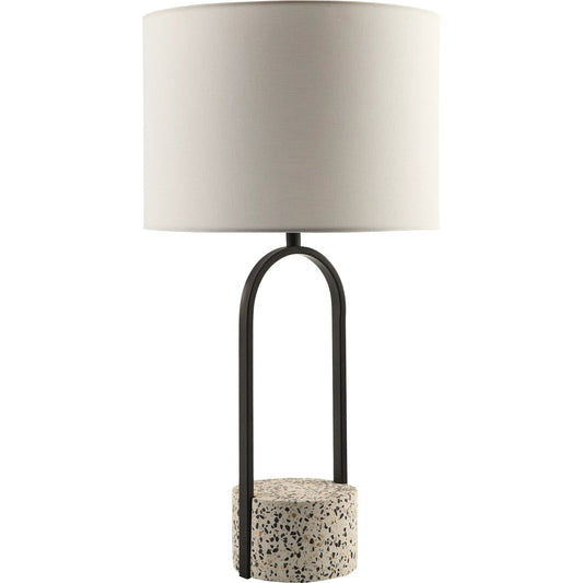 Pella Accent Table Lamp by Livabliss in body: white, black; shade: white; finial: metallic - nickel; harp: metallic - nickel; cord: translucent and terrazzopaintedplated. Made from cement, iron, linen, polyester in a unique 