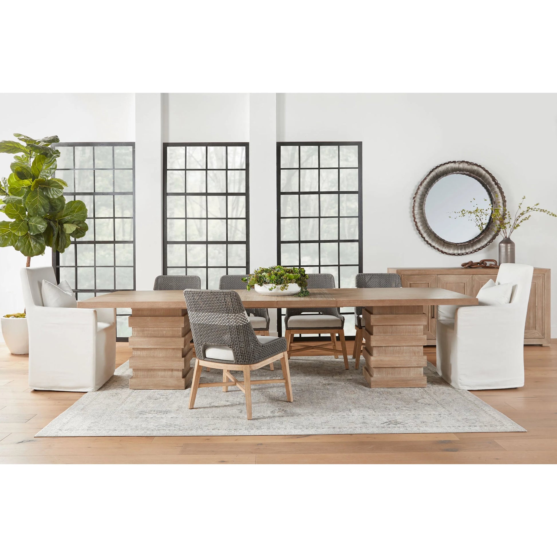 Plaza Dining Table by Essentials For Living in natural gray acacia. Made from solid acacia wood, acacia veneer, mdf, solid rubberwood, metal in a modern style.