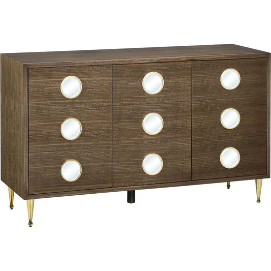 Colette Cabinet by Currey and Company in tawny brown, polished brass, mirror. Made from figured eucalyptus, stainless steel, glass in a modern style.