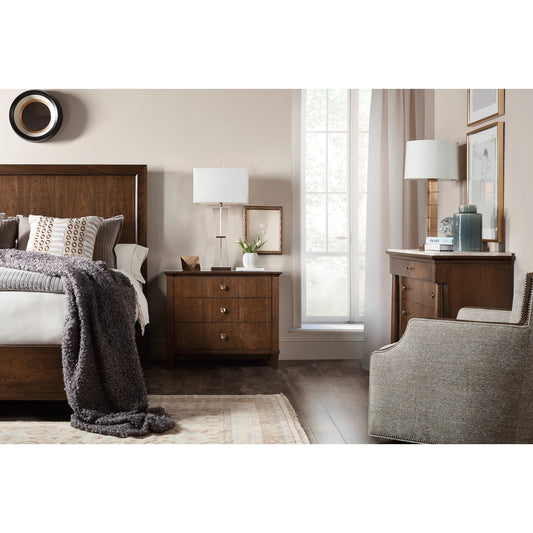 Archives Three-Drawer Nightstand by Hooker Furniture in dark wood and classic walnut. Made from figured walnut veneer, oak veneer in a transitional style.