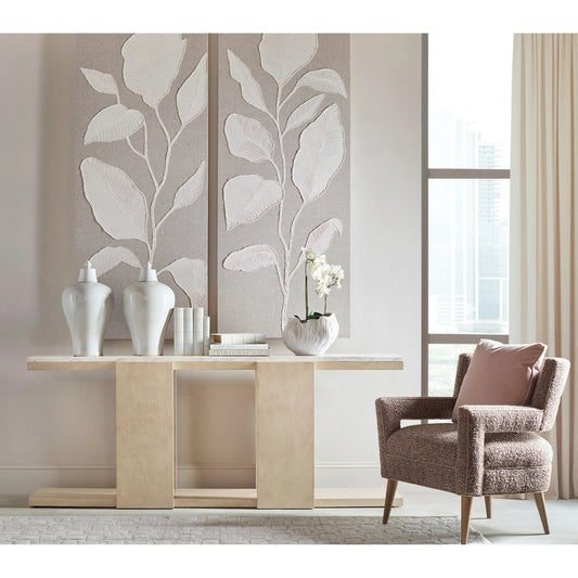Westwood Console Table by Hooker Furniture in light wood and polished limestone. Made from oak veneers, marble in a unique style.