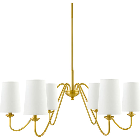 Paloma Chandelier by Livabliss in fixture: gold; shade: white; cord: black and plated, electroplated. Made from iron, linen, polyester in a modern style.
