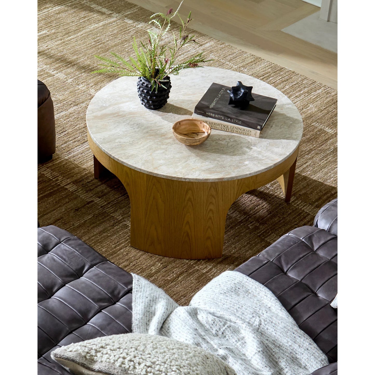 002 SI-2258163 | Lifestyle | Planar Coffee Table by Surya in natural, cream. Made from marble, oak veneer, plywood in a transitional style.