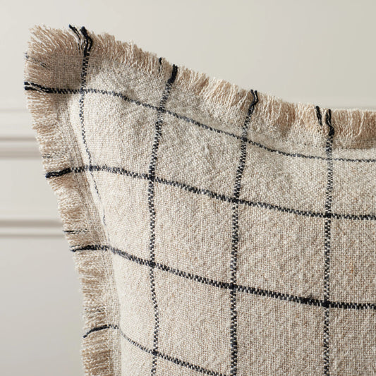 Driftwood Pillow by HedgeApple Essentials in natural, black. Made from linen, zipper, 100% virgin quality vacuum packed filler in a cottage & farmhouse style.