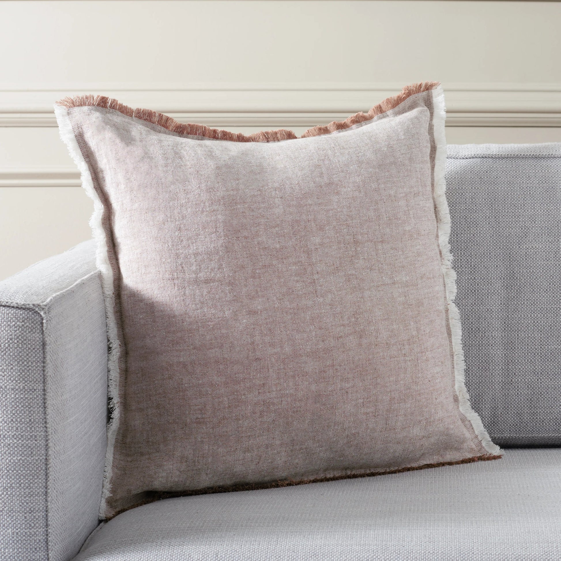 Grand Pillow by HedgeApple Essentials in blush, white. Made from linen, zipper, 100% virgin quality vacuum packed filler in a modern style.