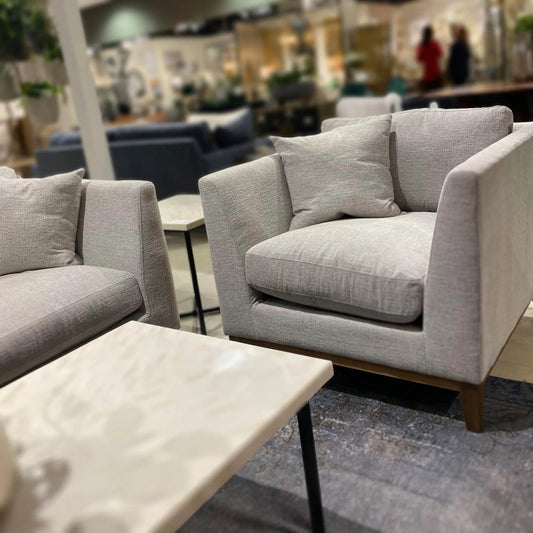 Harmony Club Chair by LH Imports in woven tweed neutral and french scrubbed. Made from oak, pine, plywood, polyester, foam, polyester fiber, feather in a modern style.