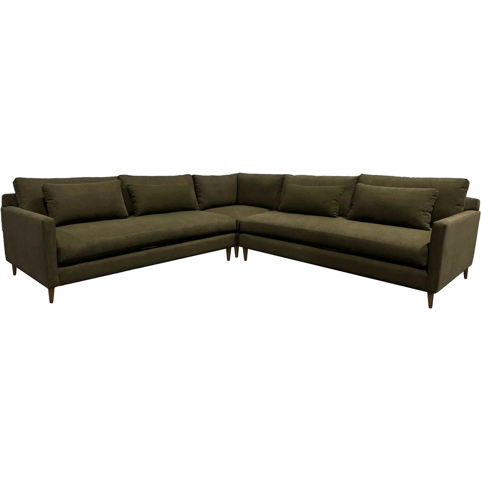Gemma Corner Sectional by LH Imports in green, pine and walnut brown. Made from hemlock, alder, plywood, feather, polyester, foam, polyester fiber in a unique style.