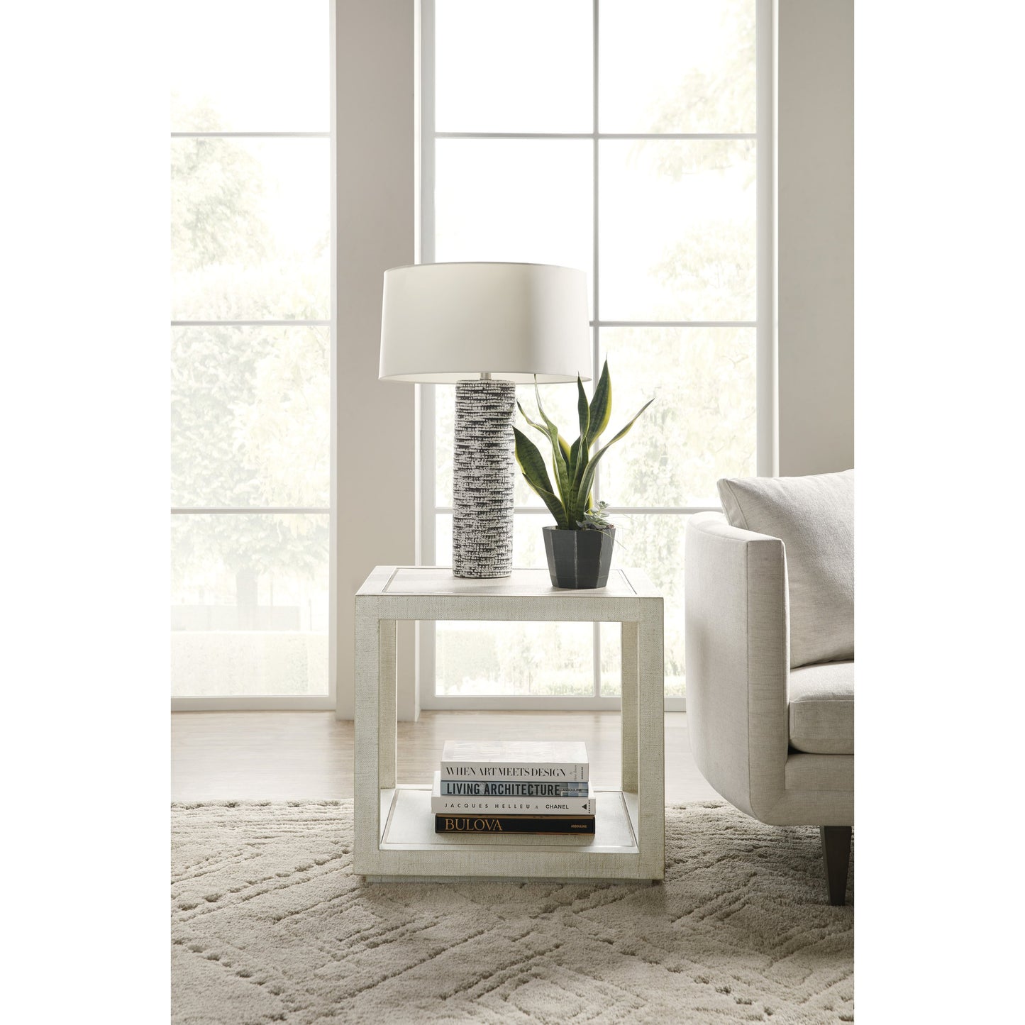 003 SI-1748536 | Lifestyle | Cascade Side Table by Hooker Furniture in pebble beach. Made from burlap, metal inlay in a cottage & farmhouse style.