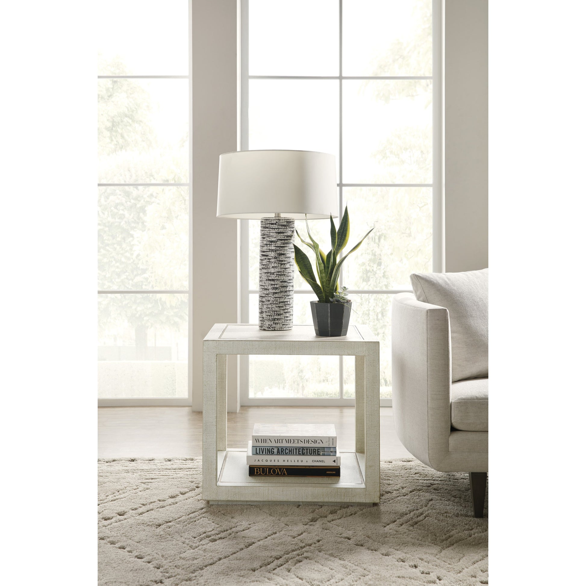 Cascade Side Table by Hooker Furniture in pebble beach. Made from burlap, metal inlay in a cottage & farmhouse style.