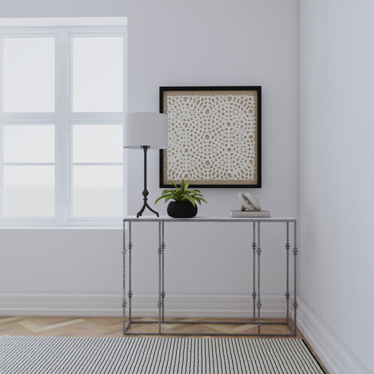 Commerce & Market Stone and Metal Console by Hooker Furniture in gray. Made from venetial white marble with carbon steel in a transitional style.