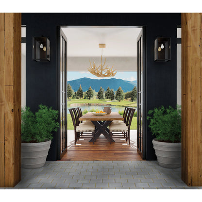 Big Sky Trestle Dining Table by Hooker Furniture in vintage natural, charred timber. Made from pecky hickory veneers, solid-wood edged top in a modern style.