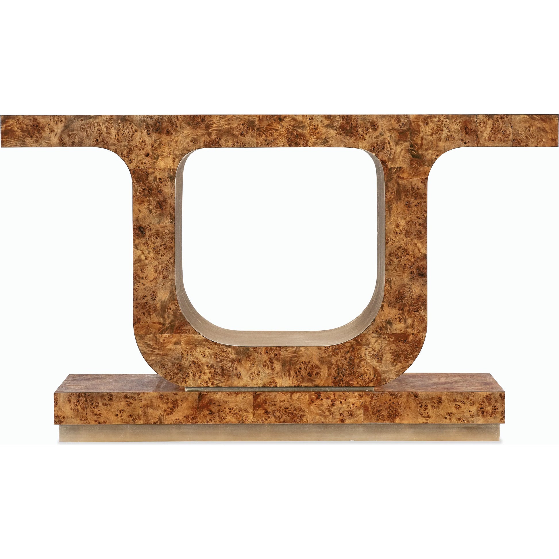 Melange Burlesque Console Table by Hooker Furniture in medium wood and mappa burl veneers. Made from mappa burl veneer with silver leaf in a modern style.