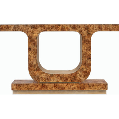Melange Burlesque Console Table by Hooker Furniture in medium wood and mappa burl veneers. Made from mappa burl veneer with silver leaf in a modern style.