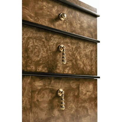 Jacques Bachelors Chest, Brown by Jonathan Charles. Made from solid beech wood, myrtle burl veneers, brass in a modern style.