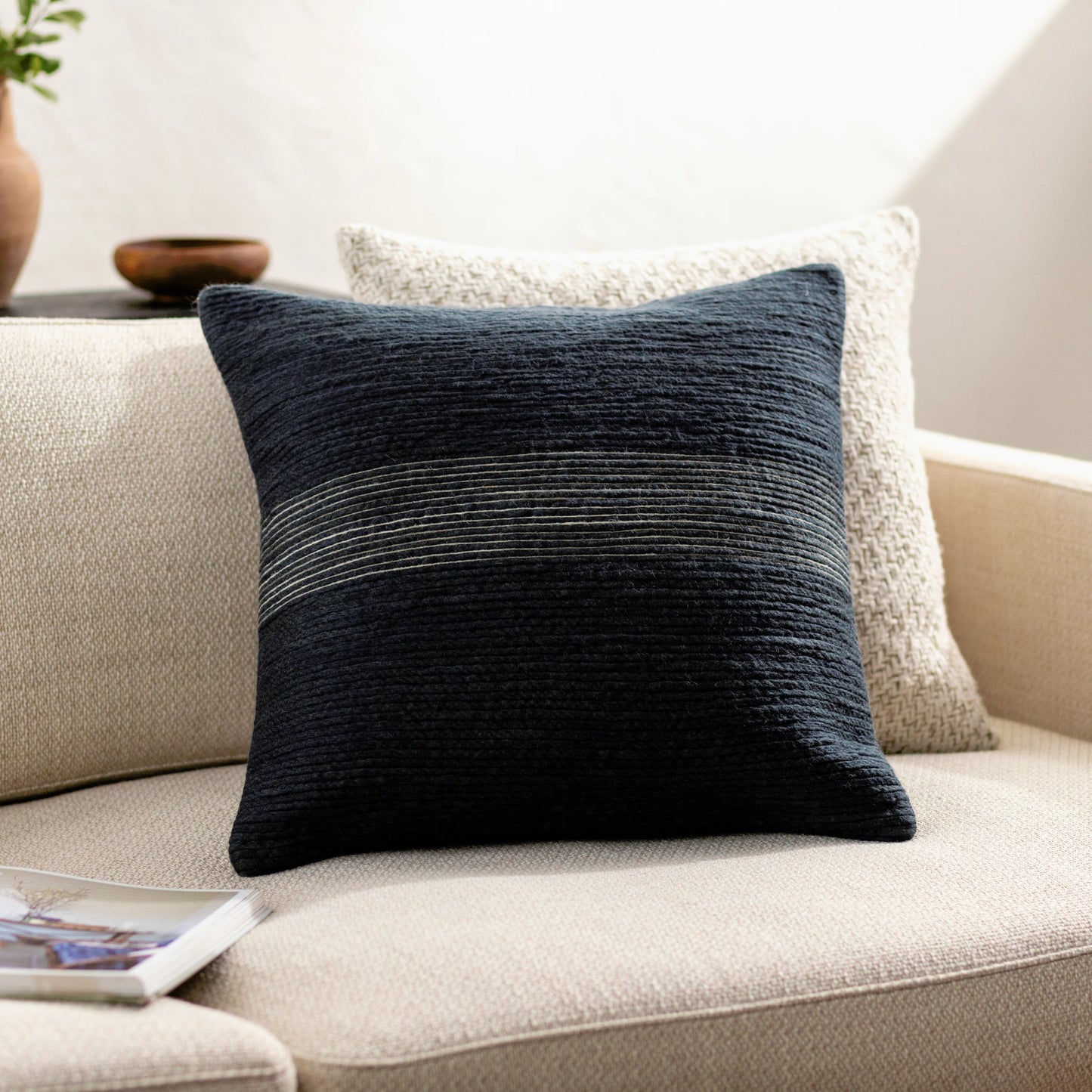 002 SI-2051076,SI-2051077 | Lifestyle | Penny Pillow - 486140 by Surya in onyx, sterling grey. Made from front: 100% wool, back: 100% cotton in a modern style.
