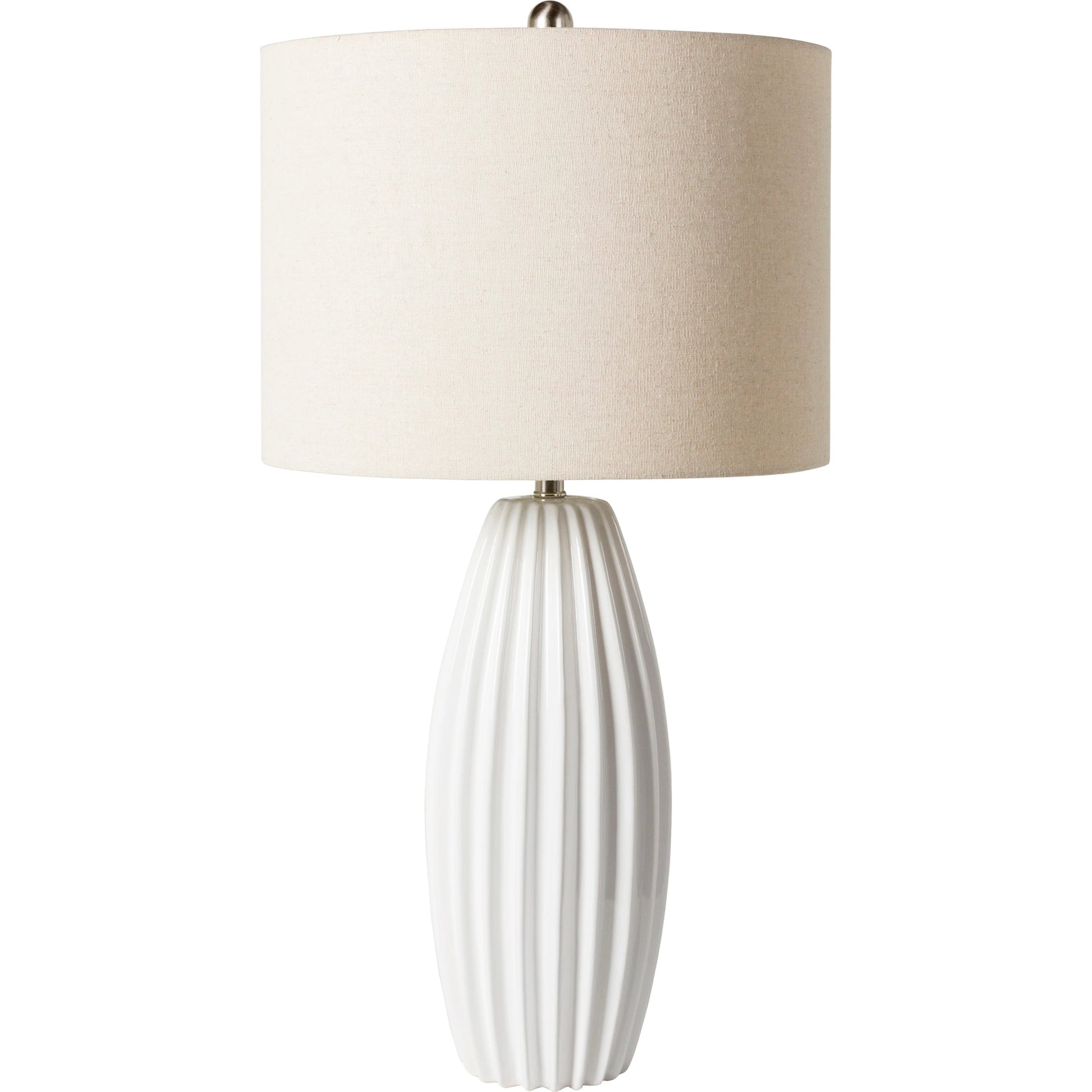 Pangong - 32539 by Surya in translucent, metallic nickel, white, beige and glazedplated. Made from shade (outside): linen, shade (inside): polyester, body: ceramic, finial: metal, harp: iron in a modern style.