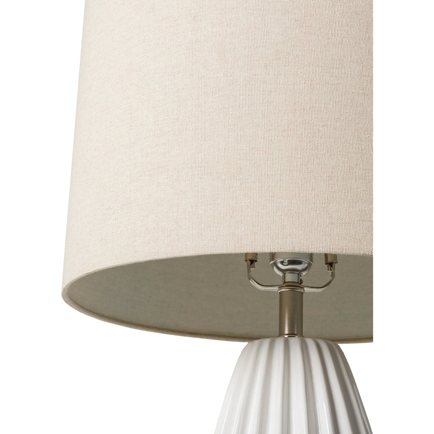 004 SI-1922330 | Closeup | Pangong - 32539 by Surya in translucent, metallic nickel, white, beige and glazedplated. Made from shade (outside): linen, shade (inside): polyester, body: ceramic, finial: metal, harp: iron in a modern style.