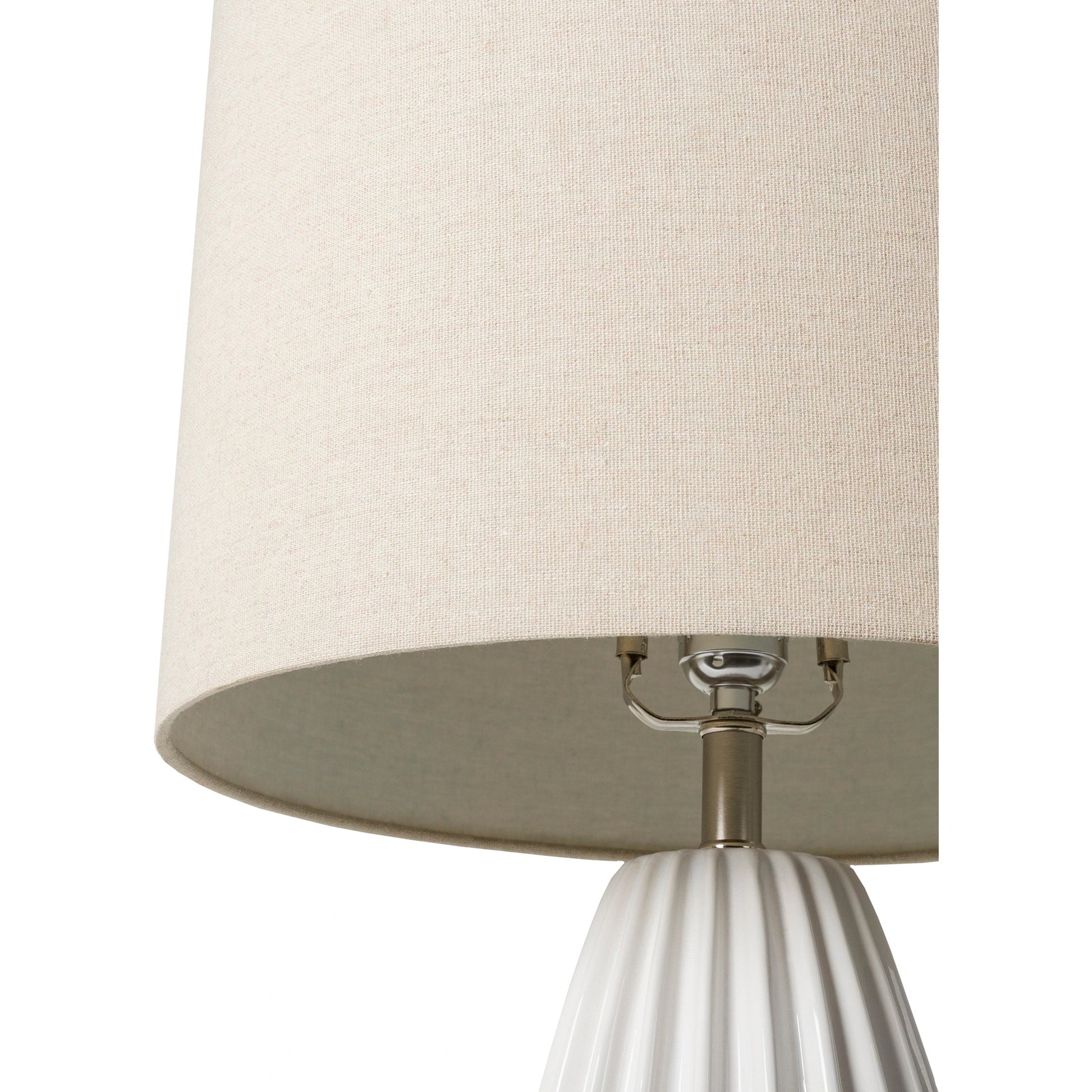 Pangong - 32539 by Surya in translucent, metallic nickel, white, beige and glazedplated. Made from shade (outside): linen, shade (inside): polyester, body: ceramic, finial: metal, harp: iron in a modern style.