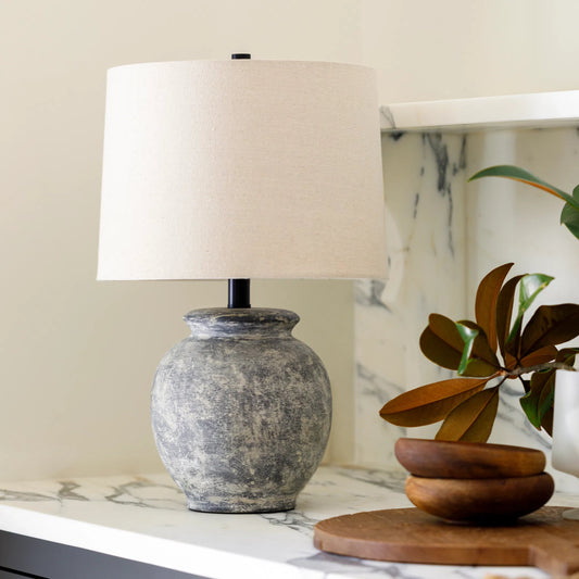 Aponi - 32540 by Livabliss in body: gray, shade (outside): beige, shade (inside): white, finial: black, harp: metallic - brass, cord: translucent and antiquedpainted. Made from shade (outside): linen, shade (inside): polyester,