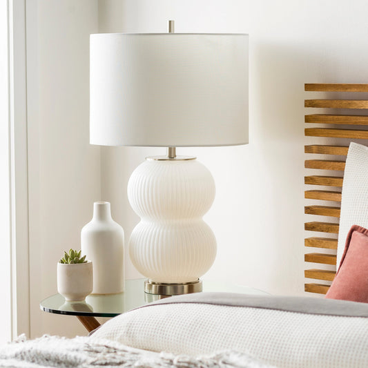 Prenton - 29881 by Surya in white and brushedtexturedbrushed. Made from shade (outside): linen, body: glass, base: steel, finial: metal in a modern style.