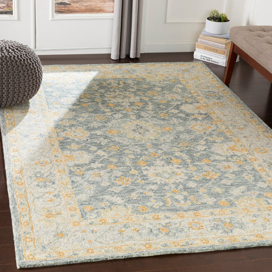 Panipat Rug - 22941 by Surya in deep teal, sage, beige, mustard, ivory, pale blue. Made from 100% wool in a unique style.