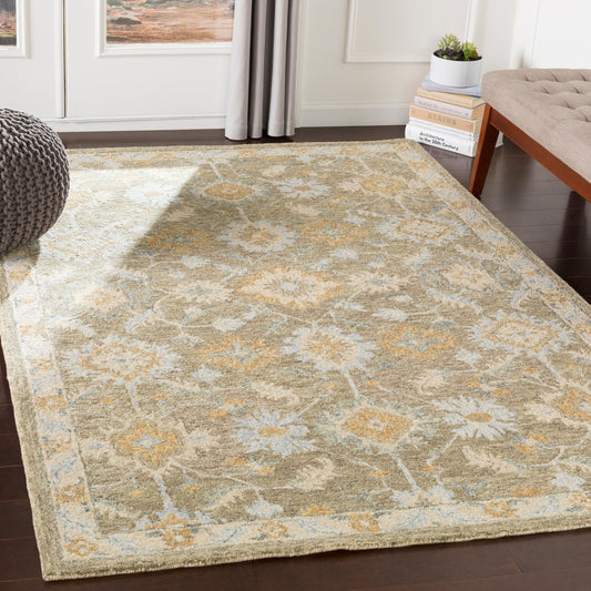 Panipat Rug - 22944 by Surya in olive, beige, pale blue, medium gray, mustard. Made from 100% wool in a unique style.