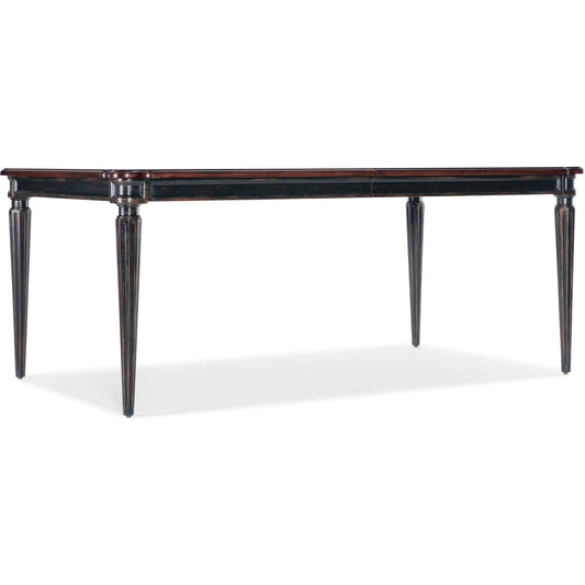 Charleston Rectangle Leg Dining Table by Hooker Furniture in black cherry, maraschino cherry. Made from cherry, walnut veneers with maple inlay, solid-wood edge top in a transitional style.