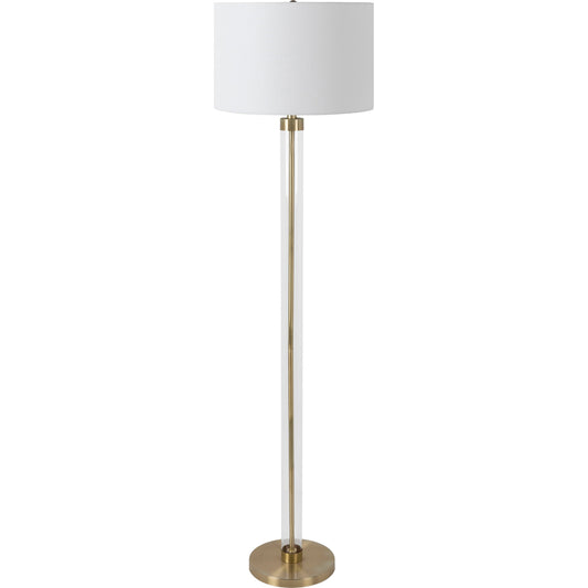 Peninsula Floor Lamp by Livabliss in body: clear, metallic - brass, base: metallic - brass, shade: white, finial: metallic - brass, harp: metallic - brass, cord: translucent and plated, translucent. Made from body: glass,