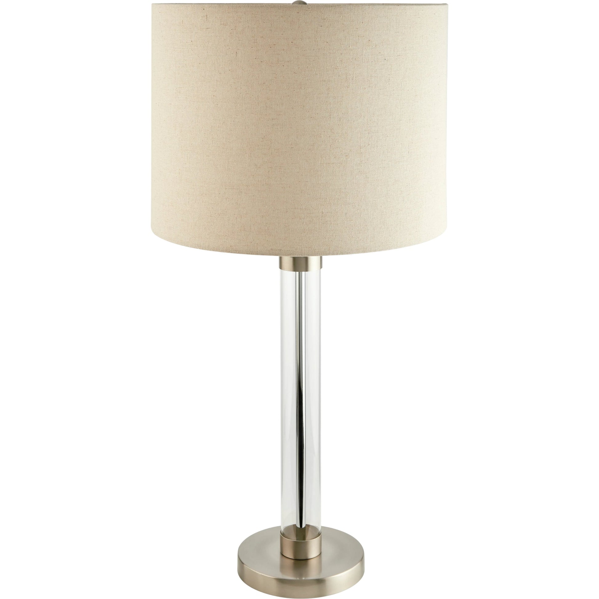Peninsula Table Lamp - 524602 by Livabliss in body: clear, metallic - nickel, base: metallic - nickel, shade (outside): beige, shade (inside): white, finial: metallic - nickel, harp: metallic - nickel, cord: translucent and 