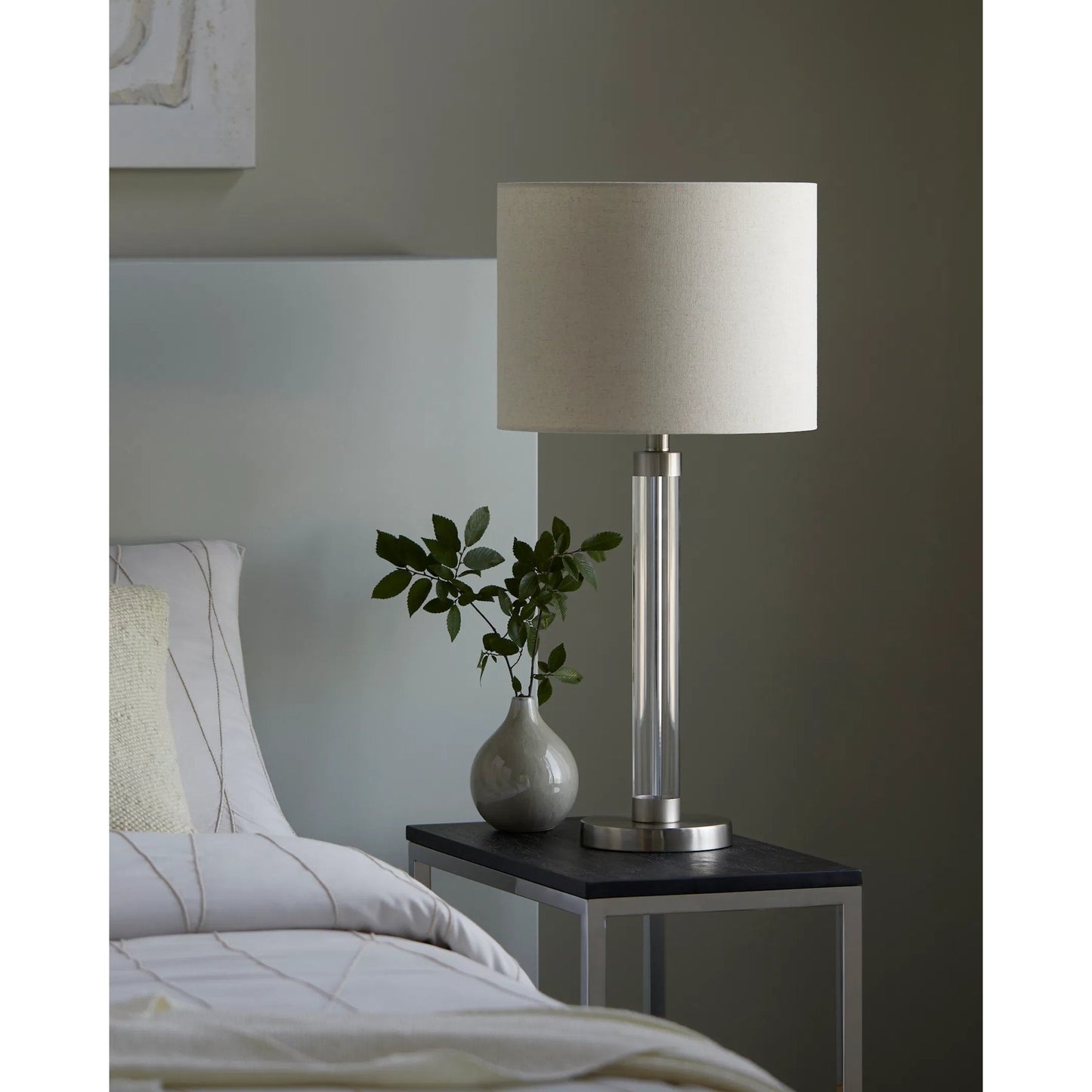 003 SI-2099858 | Lifestyle | Peninsula Table Lamp - 524602 by Livabliss in body: clear, metallic - nickel, base: metallic - nickel, shade (outside): beige, shade (inside): white, finial: metallic - nickel, harp: metallic - nickel, cord: translucent and pla